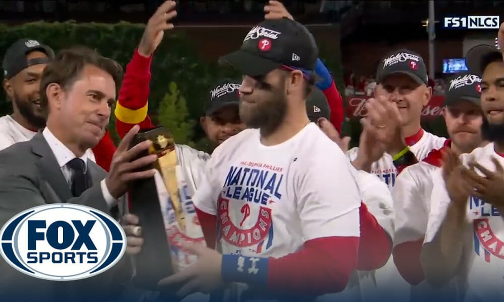 Phillies hoist the trophy after winning the NLCS, Bryce Harper wins